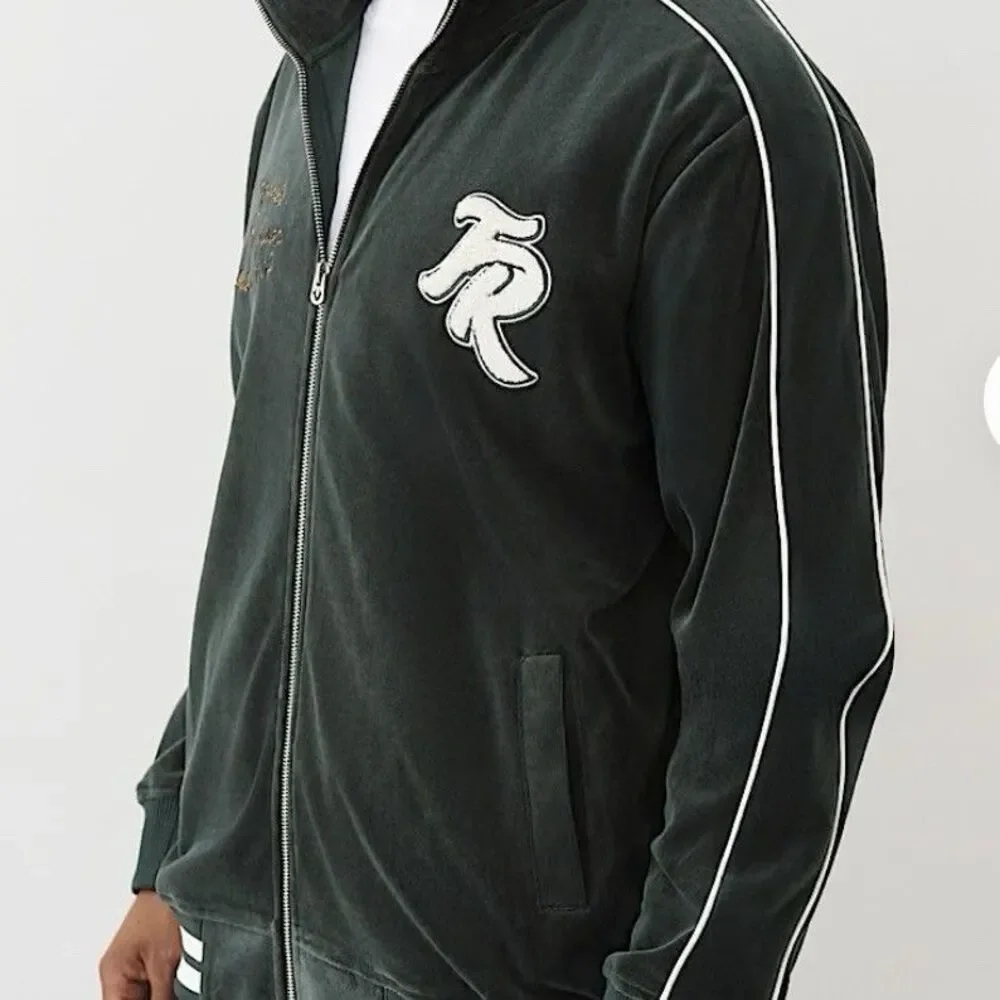 TRUE RELIGION Black Velour Track Jacket Streetwear Full-Zip Striped Men's Medium